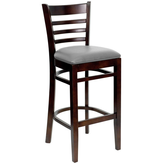 HERCULES Series Ladder Back Walnut Wood Restaurant Barstool - Custom Upholstered Seat XU-DGW0005BARLAD-WAL-UNP-GG