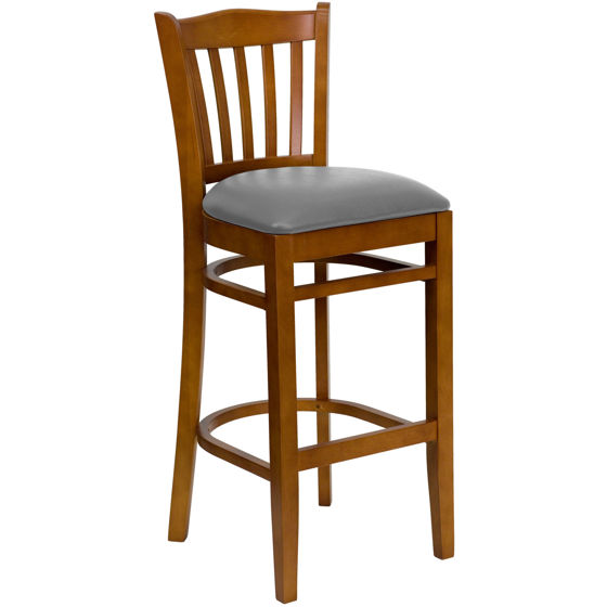 HERCULES Series Vertical Slat Back Cherry Wood Restaurant Barstool - Custom Upholstered Seat XU-DGW0008BARVRT-CHY-UNP-GG