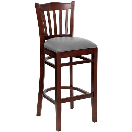 HERCULES Series Vertical Slat Back Mahogany Wood Restaurant Barstool - Custom Upholstered Seat XU-DGW0008BARVRT-MAH-UNP-GG