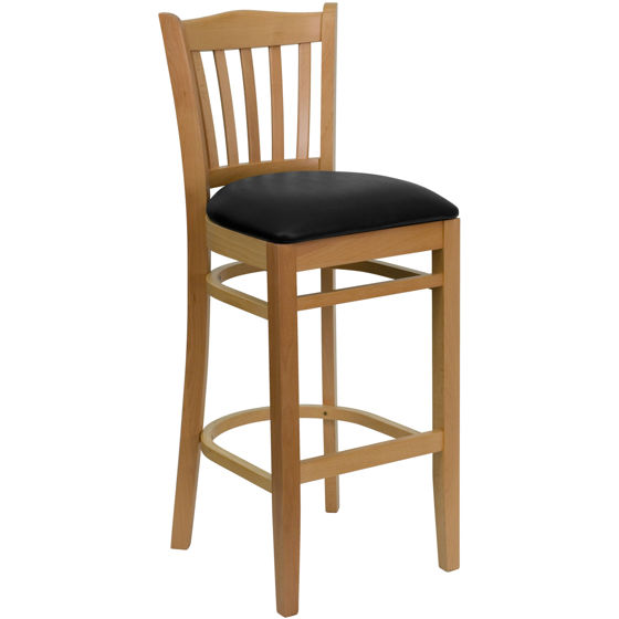 HERCULES Series Vertical Slat Back Natural Wood Restaurant Barstool - Black Vinyl Seat XU-DGW0008BARVRT-NAT-BLKV-GG