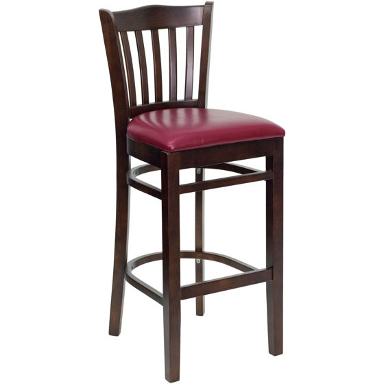 HERCULES Series Vertical Slat Back Walnut Wood Restaurant Barstool - Burgundy Vinyl Seat XU-DGW0008BARVRT-WAL-BURV-GG