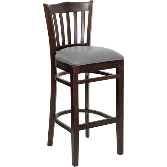 HERCULES Series Vertical Slat Back Walnut Wood Restaurant Barstool - Custom Upholstered Seat XU-DGW0008BARVRT-WAL-UNP-GG