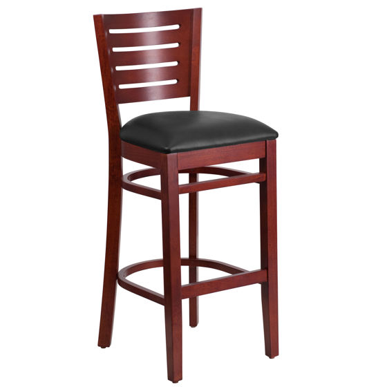 Darby Series Slat Back Mahogany Wood Restaurant Barstool - Black Vinyl Seat XU-DG-W0108BBAR-MAH-BLKV-GG