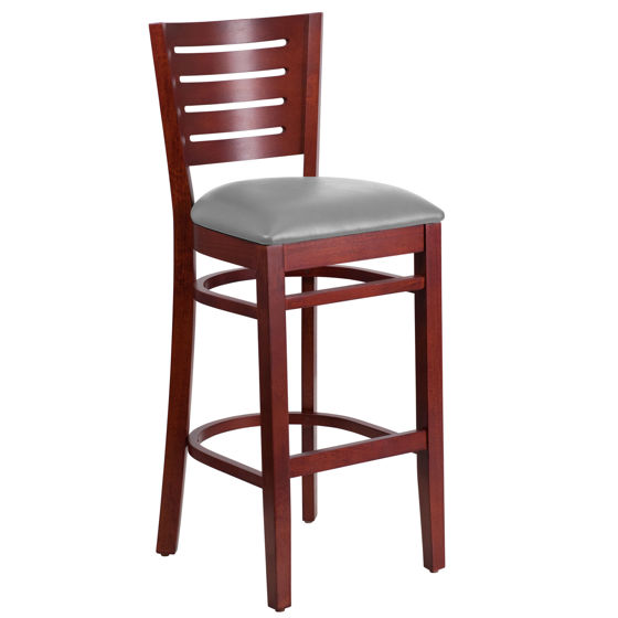 Darby Series Slat Back Mahogany Wood Restaurant Barstool - Custom Upholstered Seat XU-DG-W0108BBAR-MAH-UNP-GG