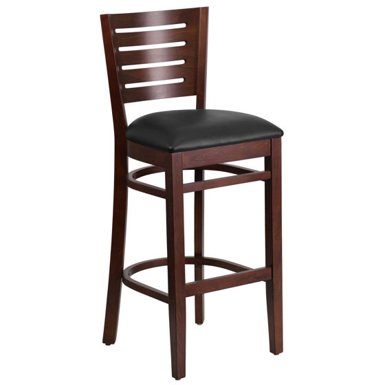 Darby Series Slat Back Walnut Wood Restaurant Barstool - Black Vinyl Seat XU-DG-W0108BBAR-WAL-BLKV-GG