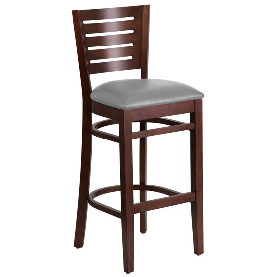 Darby Series Slat Back Walnut Wood Restaurant Barstool - Custom Upholstered Seat XU-DG-W0108BBAR-WAL-UNP-GG