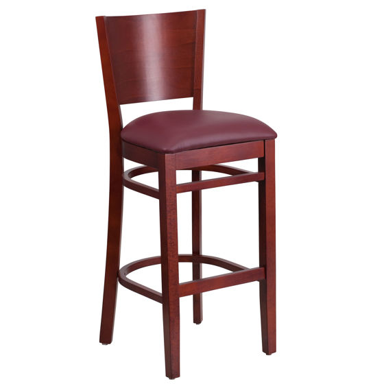 Lacey Series Solid Back Mahogany Wood Restaurant Barstool - Burgundy Vinyl Seat XU-DG-W0094BAR-MAH-BURV-GG