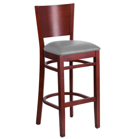 Lacey Series Solid Back Mahogany Wood Restaurant Barstool - Custom Upholstered Seat XU-DG-W0094BAR-MAH-UNP-GG