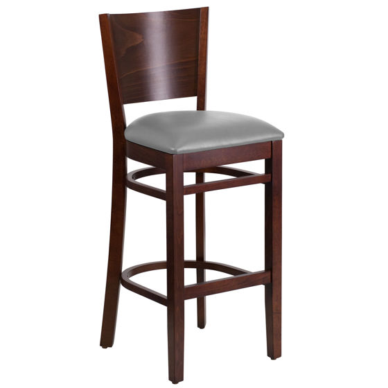 Lacey Series Solid Back Walnut Wood Restaurant Barstool - Custom Upholstered Seat XU-DG-W0094BAR-WAL-UNP-GG