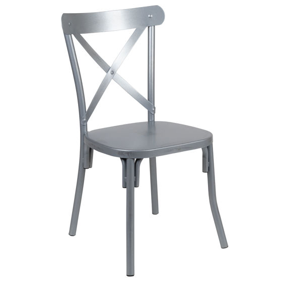 Metal Cross Back Dining Chair - Distressed Rustic Silver Finish-Multi-Use Chair XU-DG-60699-S-D-GG