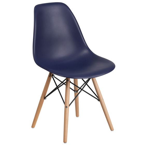 Elon Series Navy Plastic Chair with Wooden Legs FH-130-DPP-NY-GG