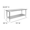 Stainless Steel 18 Gauge Prep and Work Table with Undershelf - NSF Certified - 72"W x 30"D x 34.5"H NH-WT-3072-GG