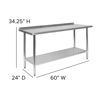 Stainless Steel 18 Gauge Prep and Work Table with 1.5" Backsplash and Undershelf - NSF Certified - 60"W x 24"D x 36"H NH-WT-2460BSP-GG