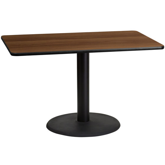 30'' x 48'' Rectangular Walnut Laminate Table Top with 24'' Round Table Height Base XU-WALTB-3048-TR24-GG