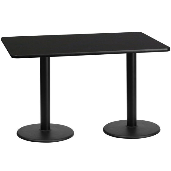 30'' x 60'' Rectangular Black Laminate Table Top with 18'' Round Table Height Bases XU-BLKTB-3060-TR18-GG