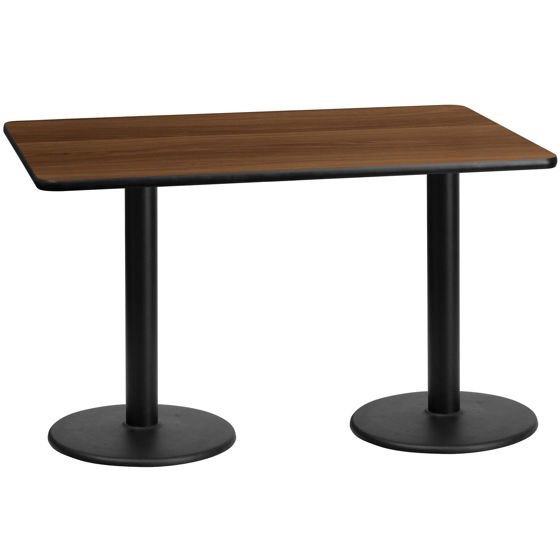 30'' x 60'' Rectangular Walnut Laminate Table Top with 18'' Round Table Height Bases XU-WALTB-3060-TR18-GG
