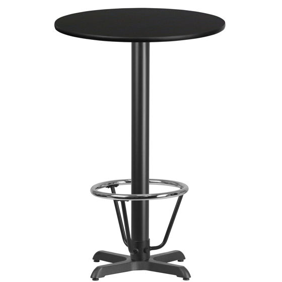 24'' Round Black Laminate Table Top with 22'' x 22'' Bar Height Table Base and Foot Ring XU-RD-24-BLKTB-T2222B-3CFR-GG