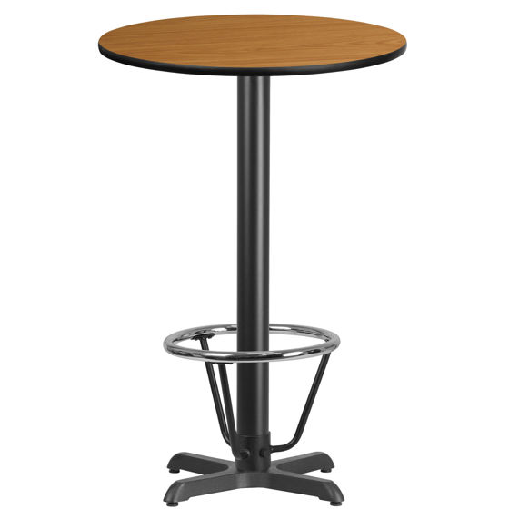 24'' Round Natural Laminate Table Top with 22'' x 22'' Bar Height Table Base and Foot Ring XU-RD-24-NATTB-T2222B-3CFR-GG