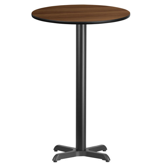 24'' Round Walnut Laminate Table Top with 22'' x 22'' Bar Height Table Base XU-RD-24-WALTB-T2222B-GG