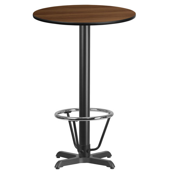 24'' Round Walnut Laminate Table Top with 22'' x 22'' Bar Height Table Base and Foot Ring XU-RD-24-WALTB-T2222B-3CFR-GG