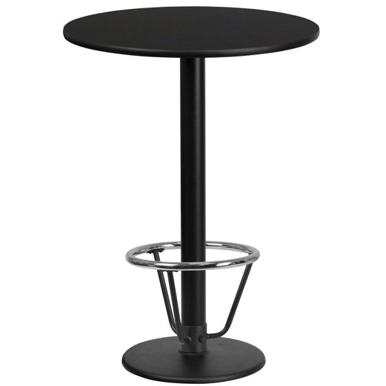24'' Round Black Laminate Table Top with 18'' Round Bar Height Table Base and Foot Ring XU-RD-24-BLKTB-TR18B-3CFR-GG