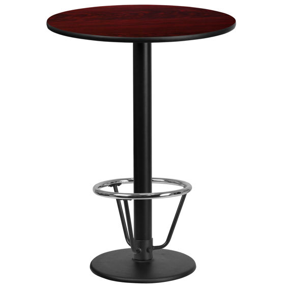 24'' Round Mahogany Laminate Table Top with 18'' Round Bar Height Table Base and Foot Ring XU-RD-24-MAHTB-TR18B-3CFR-GG