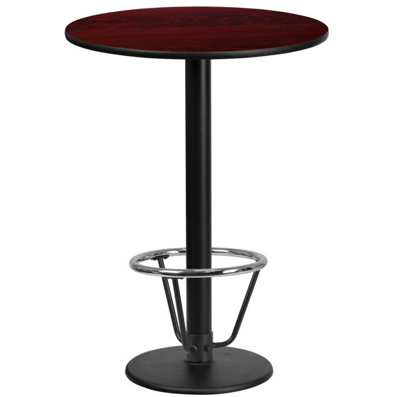 24'' Round Mahogany Laminate Table Top with 18'' Round Bar Height Table Base and Foot Ring XU-RD-24-MAHTB-TR18B-3CFR-GG