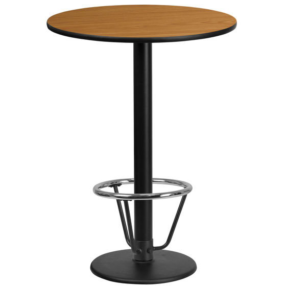 24'' Round Natural Laminate Table Top with 18'' Round Bar Height Table Base and Foot Ring XU-RD-24-NATTB-TR18B-3CFR-GG