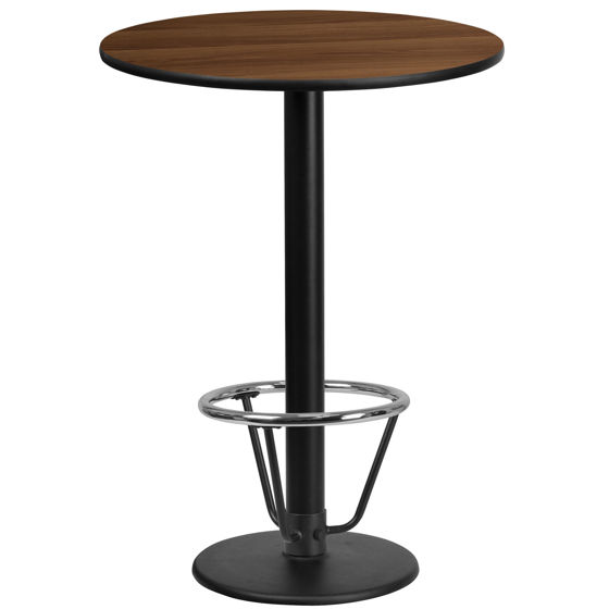 24'' Round Walnut Laminate Table Top with 18'' Round Bar Height Table Base and Foot Ring XU-RD-24-WALTB-TR18B-3CFR-GG