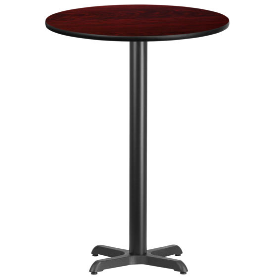 30'' Round Mahogany Laminate Table Top with 22'' x 22'' Bar Height Table Base XU-RD-30-MAHTB-T2222B-GG