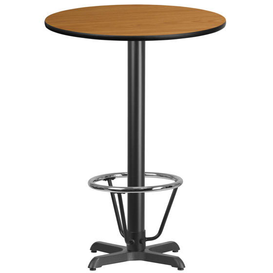 30'' Round Natural Laminate Table Top with 22'' x 22'' Bar Height Table Base and Foot Ring XU-RD-30-NATTB-T2222B-3CFR-GG