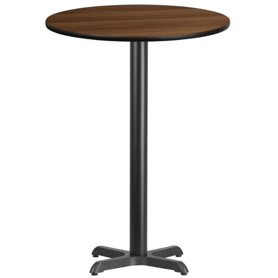30'' Round Walnut Laminate Table Top with 22'' x 22'' Bar Height Table Base XU-RD-30-WALTB-T2222B-GG