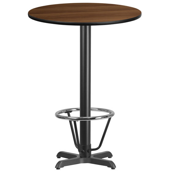 30'' Round Walnut Laminate Table Top with 22'' x 22'' Bar Height Table Base and Foot Ring XU-RD-30-WALTB-T2222B-3CFR-GG