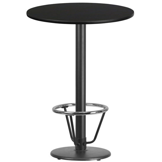 30'' Round Black Laminate Table Top with 18'' Round Bar Height Table Base and Foot Ring XU-RD-30-BLKTB-TR18B-3CFR-GG