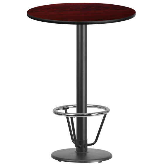 30'' Round Mahogany Laminate Table Top with 18'' Round Bar Height Table Base and Foot Ring XU-RD-30-MAHTB-TR18B-3CFR-GG