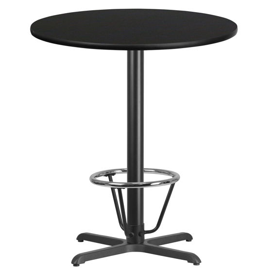 36'' Round Black Laminate Table Top with 30'' x 30'' Bar Height Table Base and Foot Ring XU-RD-36-BLKTB-T3030B-3CFR-GG