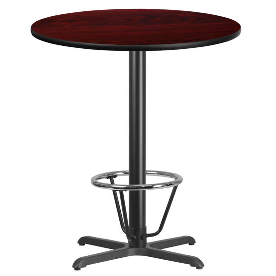 36'' Round Mahogany Laminate Table Top with 30'' x 30'' Bar Height Table Base and Foot Ring XU-RD-36-MAHTB-T3030B-3CFR-GG