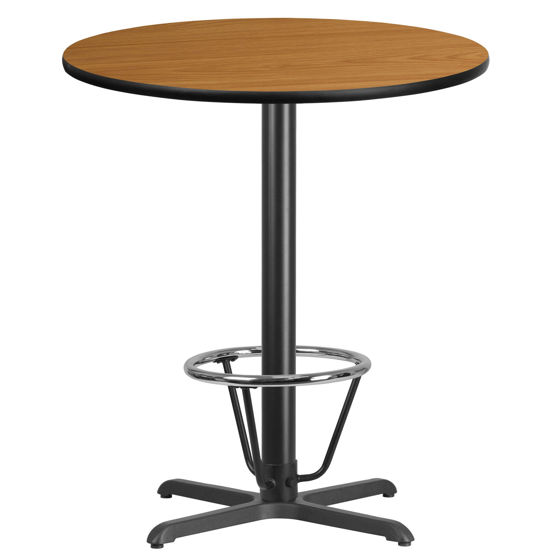 36'' Round Natural Laminate Table Top with 30'' x 30'' Bar Height Table Base and Foot Ring XU-RD-36-NATTB-T3030B-3CFR-GG