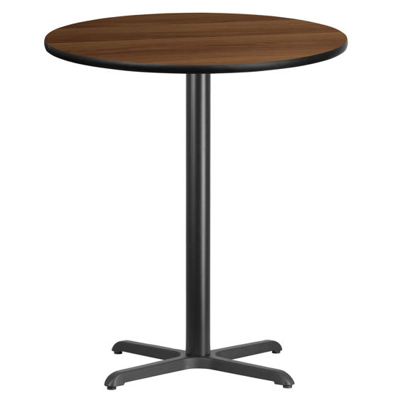 36'' Round Walnut Laminate Table Top with 30'' x 30'' Bar Height Table Base XU-RD-36-WALTB-T3030B-GG