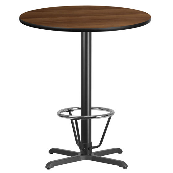 36'' Round Walnut Laminate Table Top with 30'' x 30'' Bar Height Table Base and Foot Ring XU-RD-36-WALTB-T3030B-3CFR-GG