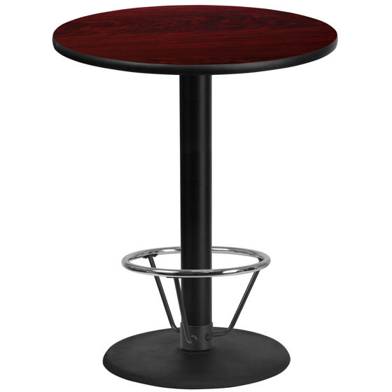 36'' Round Mahogany Laminate Table Top with 24'' Round Bar Height Table Base and Foot Ring XU-RD-36-MAHTB-TR24B-4CFR-GG