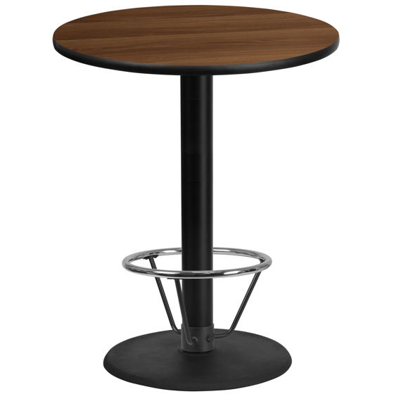 36'' Round Walnut Laminate Table Top with 24'' Round Bar Height Table Base and Foot Ring XU-RD-36-WALTB-TR24B-4CFR-GG