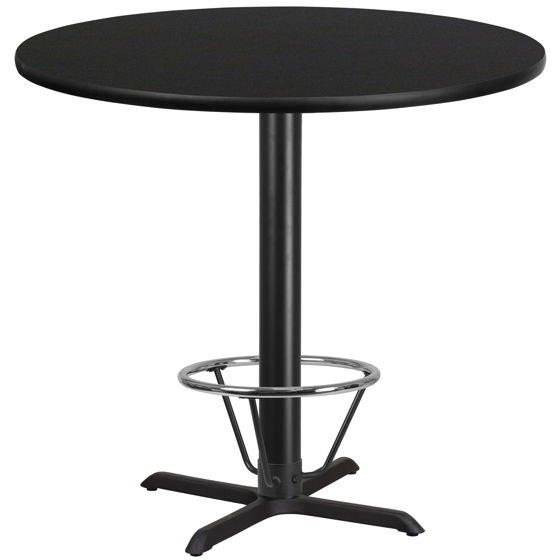 42'' Round Black Laminate Table Top with 33'' x 33'' Bar Height Table Base and Foot Ring XU-RD-42-BLKTB-T3333B-4CFR-GG