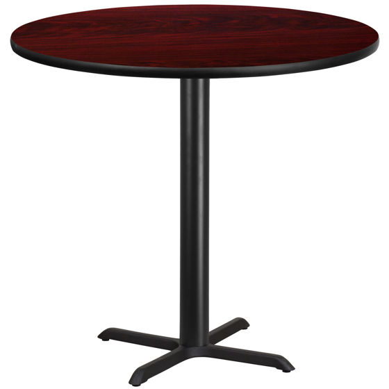 42'' Round Mahogany Laminate Table Top with 33'' x 33'' Bar Height Table Base XU-RD-42-MAHTB-T3333B-GG