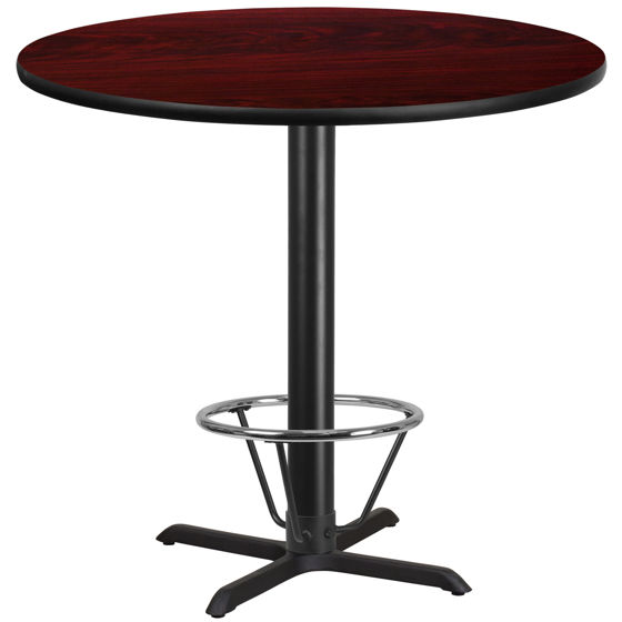 42'' Round Mahogany Laminate Table Top with 33'' x 33'' Bar Height Table Base and Foot Ring XU-RD-42-MAHTB-T3333B-4CFR-GG