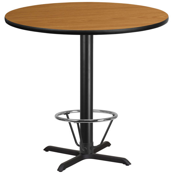 42'' Round Natural Laminate Table Top with 33'' x 33'' Bar Height Table Base and Foot Ring XU-RD-42-NATTB-T3333B-4CFR-GG