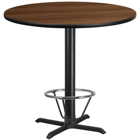 42'' Round Walnut Laminate Table Top with 33'' x 33'' Bar Height Table Base and Foot Ring XU-RD-42-WALTB-T3333B-4CFR-GG