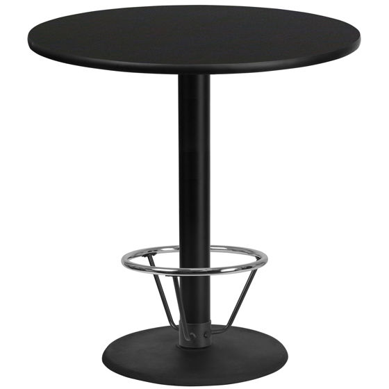 42'' Round Black Laminate Table Top with 24'' Round Bar Height Table Base and Foot Ring XU-RD-42-BLKTB-TR24B-4CFR-GG