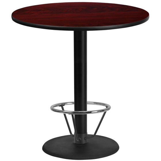 42'' Round Mahogany Laminate Table Top with 24'' Round Bar Height Table Base and Foot Ring XU-RD-42-MAHTB-TR24B-4CFR-GG