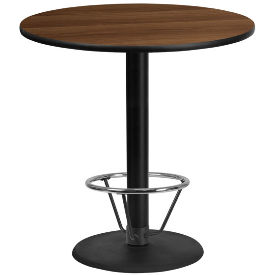 42'' Round Walnut Laminate Table Top with 24'' Round Bar Height Table Base and Foot Ring XU-RD-42-WALTB-TR24B-4CFR-GG